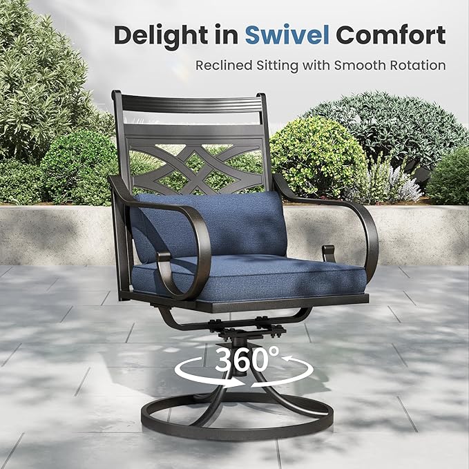 PHI VILLA 5 Pieces Outdoor Dining Set for 4, 42" Round Black Metal Table with Umbrella Hole & Wrought Iron Swivel Chairs, Large Outside Furniture with Blue Cushions & Pillows for Patio, Deck, Porch