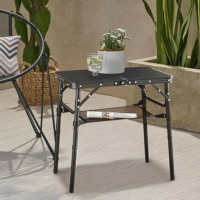 Outdoor Side Table, Portable 3 Adjustable Height Small Outdoor Folding Table, Aluminum Foldable Patio Side Tables for Outside Indoor, Plant Stand Coffee End Table for Pool, Porch,Garden(Black)