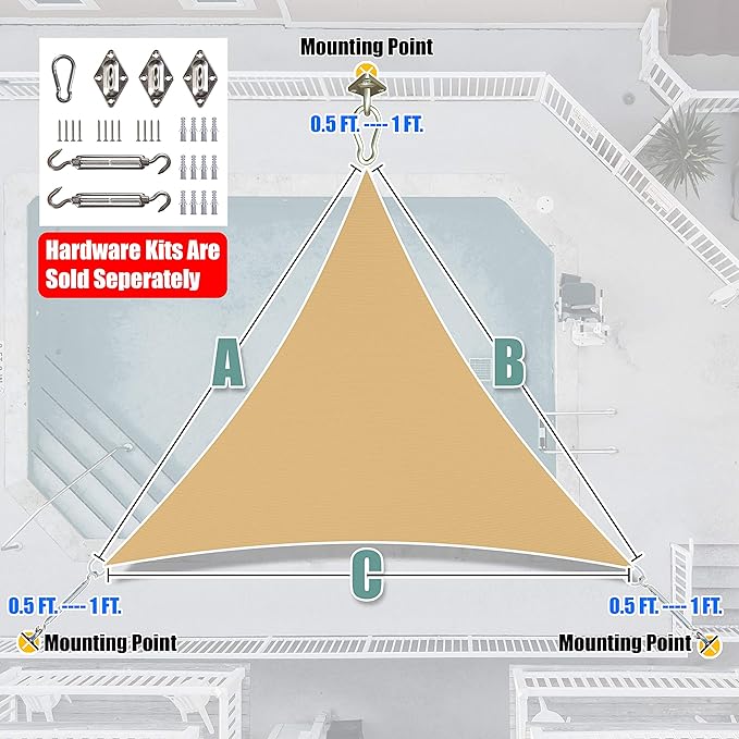 Amgo Custom Size 21' x 21' x 21' Sand Beige Triangle Sun Shade Sail Order to Make Canopy Awning UPF50+ AGSLT, 95% UV Blockage, Water & Air Permeable, 200GSM Commercial Standard (We Customize)