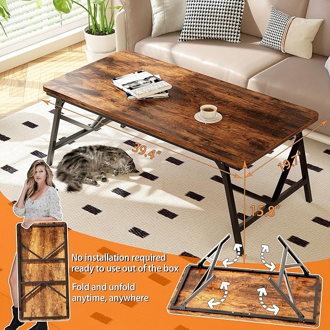 Folding Coffee Table, No Assembly Low Coffee Table, Floor Table Desk for Sitting on The Floor, Portable Floor Table for Living Room, Home, Caravan and use, 39.4L‘ x 19.7W’ x 15.8H’