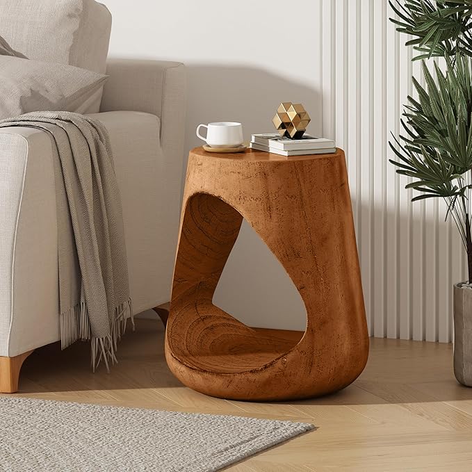 Christopher Knight Home Novi Outdoor Side Table, Hollow Round-shaped Decorative Accent Side End Table, Garden Stool for Patio Balcony Beach Pool, Lightweight Concrete, Wood-Like Texture, Antique Brown