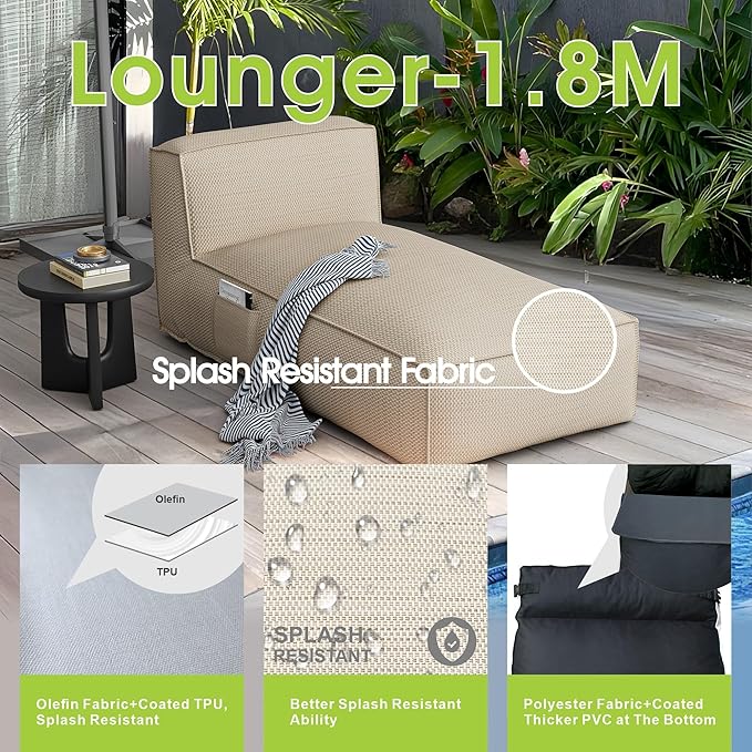 Outdoor Bean Bed Chair Sun Lounger, Outdoor Couch Sofa for Patio & Pool, Foam Filling Day Bed Furniture, Comfy Lazy Sofa for Outside, Water-Resistant Seating (Higher Back Light Beige, 70'' L)