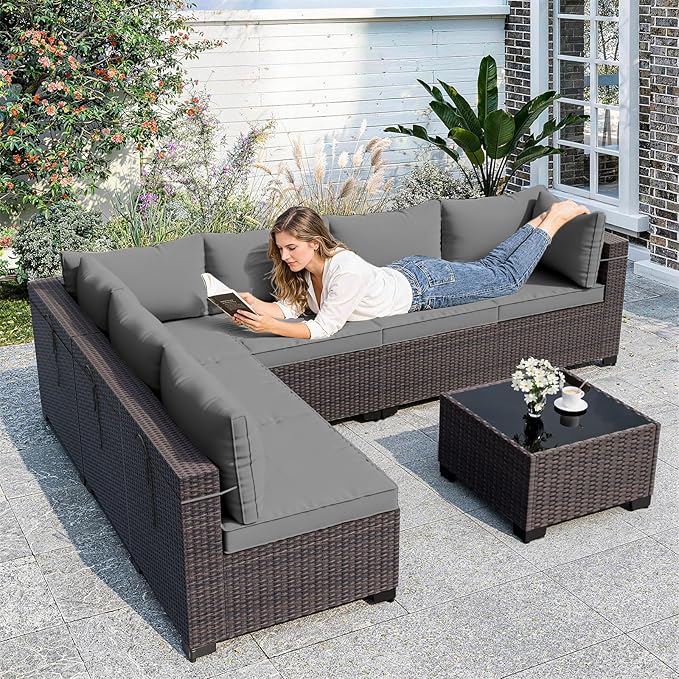 ALAULM Patio Furniture Set with Coffee Table, 7 Pieces Outdoor Sectional with Wide Seat and Thick Cushion, All Weather Wicker Rattan Conversation Set for Backyard, Garden, Deck, Grey