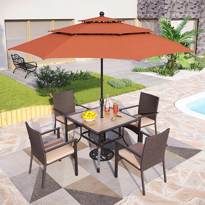 PHI VILLA 5 Pieces Outdoor Dining Set with Umbrella for 4, 37" Square Metal Polywood Table & Cushioned Wicker Rattan Chairs & 10ft Navy Blue Umbrella Furniture for Patio, Deck, Yard, Porch