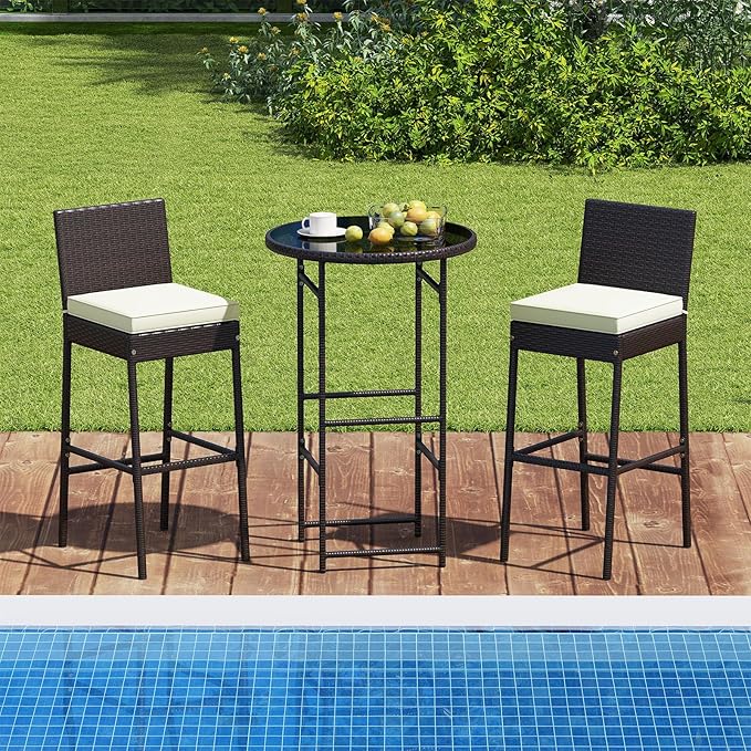 Tangkula 3 Piece Outdoor Bar Set, Patio Rattan Bar Height Heavy Duty Metal Frame Table & Cushioned Chairs, for Porch, Yard, Poolside and Bistro