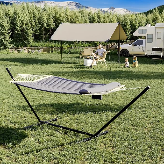 2 Person Outdoor Hammock with Stand, Portable Hammock, Heavy Duty Hammock with Carrying Bag, Soft Pillow, Balance Ropes, for Patio, Backyard, Garden, Beach, Gray