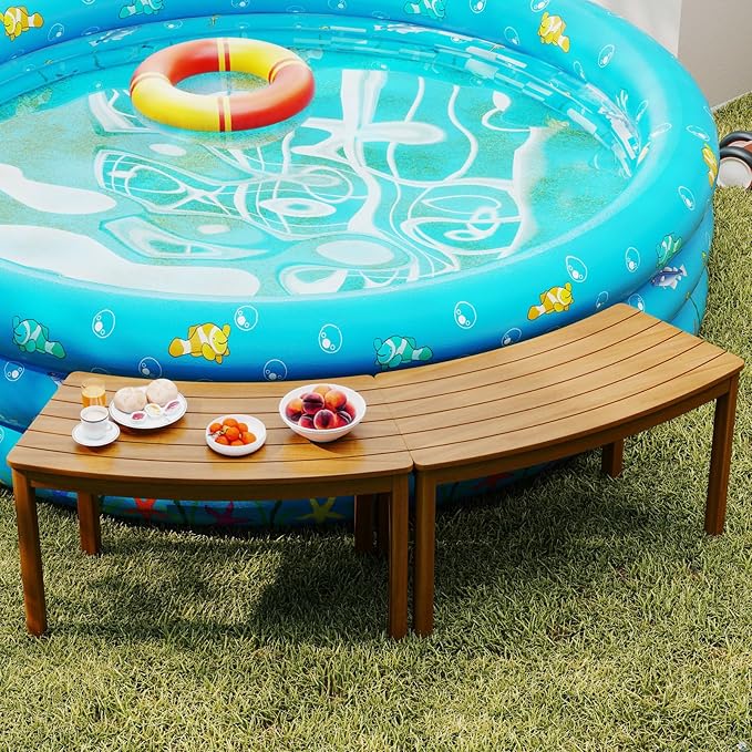 Tangkula Acacia Wood Outdoor Curved Bench Set of 2, Patio Garden Backless Fire Pit Bench with 800 lbs Weight Capacity, Outside Seating Furniture for Front Porch, Deck & Backyard