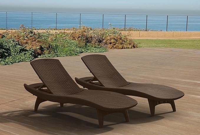 Keter Set of 2 Pacific Sun Lounge Chair Outdoor Chaise Pool Chairs with Resin Rattan Look and Adjustable Back