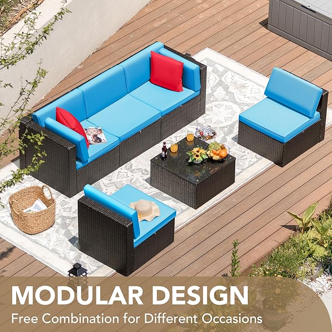 Devoko Patio Furniture Sets 6 Pieces Outdoor Sectional Rattan Sofa Manual Weaving Wicker Patio Conversation Set with Glass Table and Cushion (Blue)