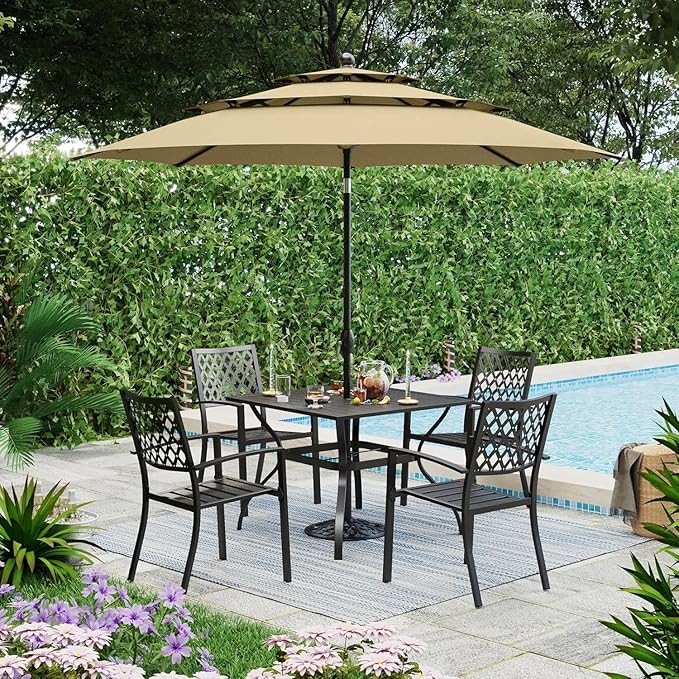 PHI VILLA 5 Pieces Outdoor Dining Set for 4, 37” Black Square Metal Table with Umbrella Hole & Stackable Wrought Iron Chairs, Outside Furniture Set for Patio, Deck, Yard, Porch