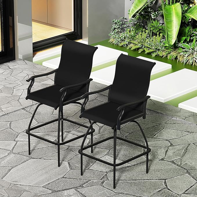 LEVELEVE Patio Bar Set 2pcs Swivel Bar Stools Outdoor Bistro Textilene Furniture Stability All-Weather Set (2, Black Padded)