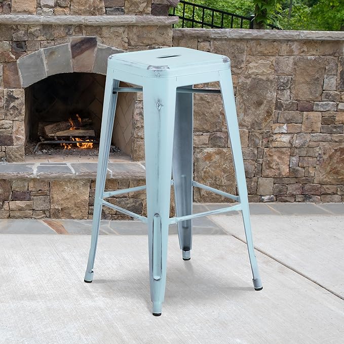 Flash Furniture Kai Commercial Grade 30" High Backless Distressed Green-Blue Metal Indoor-Outdoor Barstool