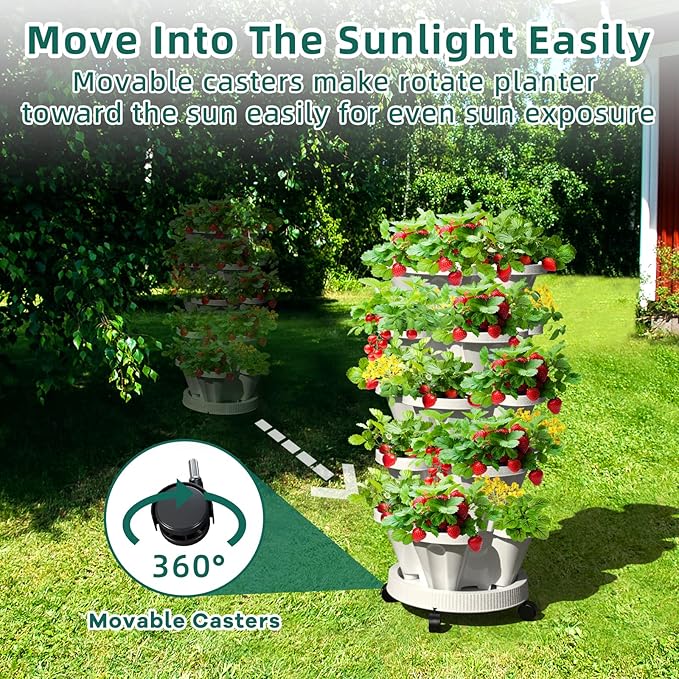 7 Tiered Strawberry Vertical Planter 2 Pack, Stackable Tower Garden Planter Herb Garden Planter with Movable Casters and Bottom Saucer Indoor and Outdoor - Black