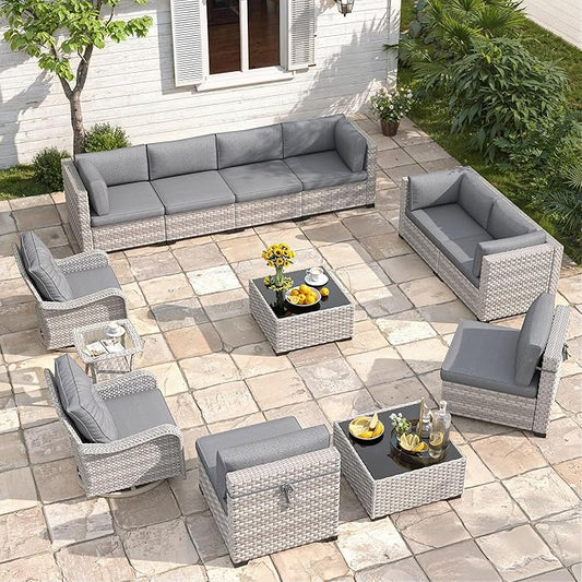 10-Seat Modern Patio Furniture Set with Swivel Rocking Chairs, Thick 4″ Cushions, Dual-Strand Wicker Rattan, Rust-Resistant Steel Frame – Outdoor Conversation & Modular Sectional,Black