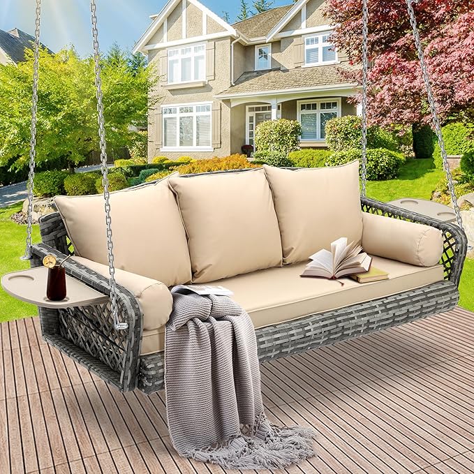 Outdoor Wicker Patio Porch Swing - 3 Person Swing Outdoor Hanging Porch Swing Seat Bench with Chains for Yard, Deck, Garden (Grey Rattan Khaki Cushion)