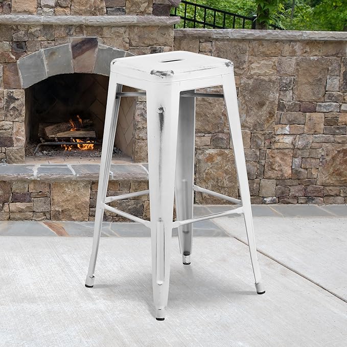 Flash Furniture Kai Commercial Grade 4 Pack 30" High Backless Distressed White Metal Indoor-Outdoor Barstool