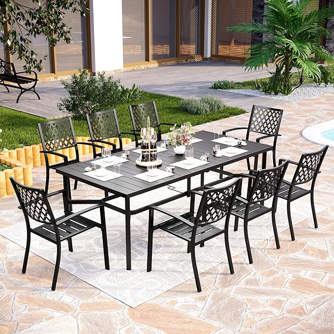 PHI VILLA 9 Pieces Outdoor Dining Set for 8, 83" Rectangular Metal Table with Umbrella Hole & Stackable Black Wrought Iron Chairs, Large Outside Furniture for Patio, Deck, Yard, Porch