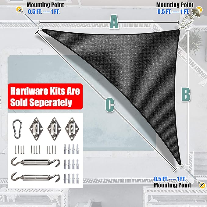 Amgo Custom Size 14' x 15' x 20.5' Black Right Triangle Sun Shade Sail Order to Make Canopy Awning UPF50+ AGSLT, 95% UV Blockage, Water & Air Permeable, 200GSM Commercial Standard (We Customize)