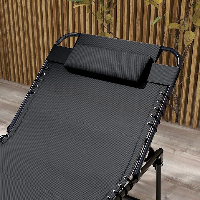 Outsunny 2 Piece Folding Chaise Lounge with 5-Level Reclining Back, Tanning Chair with Face Hole, Outdoor Lounge Chair with Side Pocket & Headrest for Beach, Yard, Patio, Black