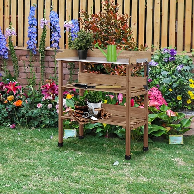 Yaheetech Outdoor Garden Potting Bench Table, Wooden Horticulture Planting Worstation w/Metal Tabletop/Storage Shelf/3 Hooks, Brown