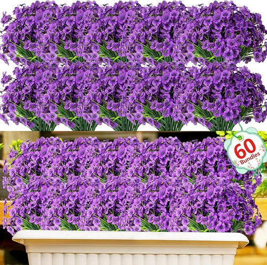 60 Pack Artificial Flowers for Outdoor Indoor Fake Plants, Faux Silk Flowers for Outdoors Outside Front Porch Hanging Planter Window Box Garden Spring Decoration(Purple)