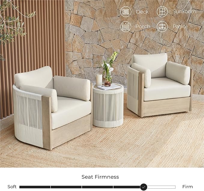 CHITA Boho Patio Rattan 360° Swivel Chair, Outdoor Wicker Furniture with 7.9″ Thickened Cushions and 2 Arm Pillows, Acacia Wood Frame, Fully Assembled(Cream)