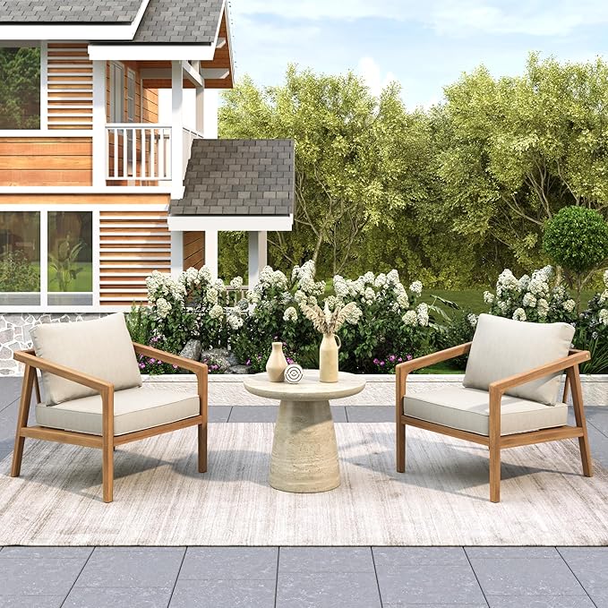 Christopher Knight Home Set of 2 Leland Patio Furniture Acacia Wood Club Chairs, Outdoor Lounge Chair, Relaxing Armchair/Accent Chair, Removable Cushion, Deep Seating, Sturdy Construction, Teak+Beige