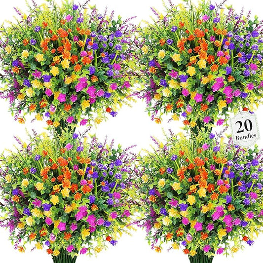 20 Bundles Artificial Flowers for Outdoors Fake Plastic Flowers UV Resistant Realistic Faux Plants Shrubs for Spring Summer Garden Porch Yard Patio Planter Window Box Home Decor, Mixedcolor