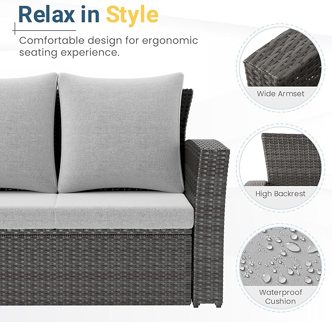 Wisteria Lane All Weather Wicker Patio Couch, 3 Seats Patio Sofa with Thick Cushions, Outdoor Furniture Couch with High Back, Outdoor Patio Sofa for Garden, Backyard, Porch, Grey