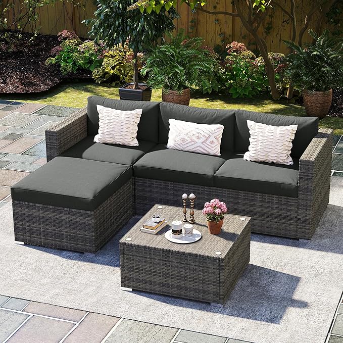 Wisteria Lane 5 Piece Outdoor Patio Furniture Set, All Weather Wicker Rattan Sectional Sofa Conversation Set with Cushions & Large Glass Coffee Table, Ideal for Garden Backyard Porch Balcony, Grey