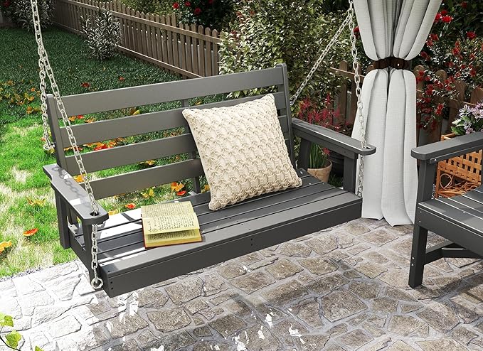 GREENVINES Porch Swing | 51’’ | HDPE Plastic | for Outdoor Patio | All Weather | Waterproof Bench Swings | w/ 4 Stainless Steel Chains | Grey