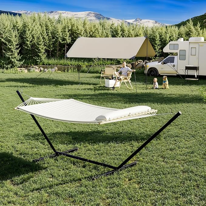 2 Person Outdoor Hammock with Stand, Portable Hammock, Heavy Duty Hammock with Soft Pillow, Balance Ropes, for Patio, Backyard, Garden, Beach, Beige