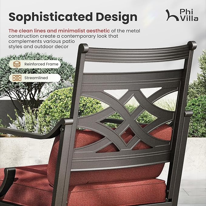 PHI VILLA 5 Pieces Outdoor Dining Set for 4, 42" Round Black Metal Table with Umbrella Hole & Wrought Iron Swivel Chairs, Large Outside Furniture with Red Cushions & Pillows for Patio, Deck, Porch