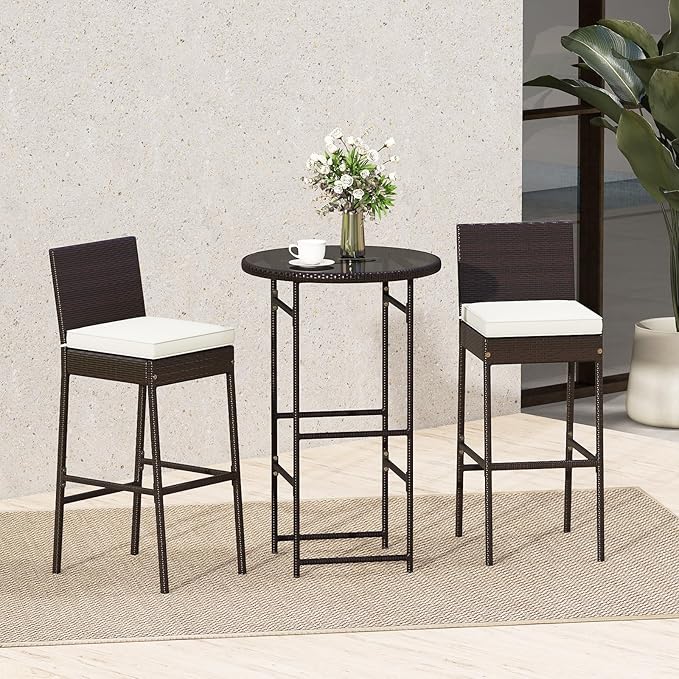Tangkula 3 Piece Outdoor Bar Set, Patio Rattan Bar Height Heavy Duty Metal Frame Table & Cushioned Chairs, for Porch, Yard, Poolside and Bistro