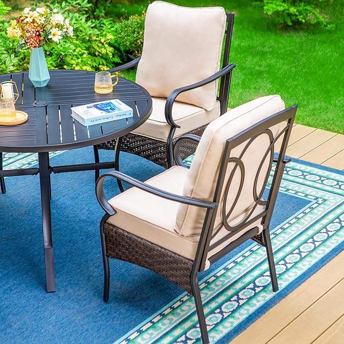 PHI VILLA Patio Chairs Set of 6, Heavy Duty Outdoor Metal Wicker Dining Chair with Thick Cushions, Large All Weather Wrought Iron Deck Chair for Outisde, Porch Backyard, Support 300lbs