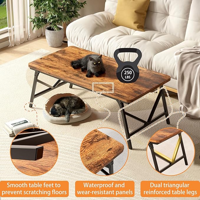 Folding Coffee Table, No Assembly Low Coffee Table, Floor Table Desk for Sitting on The Floor, Portable Floor Table for Living Room, Home, Caravan and use, 39.4L‘ x 19.7W’ x 15.8H’