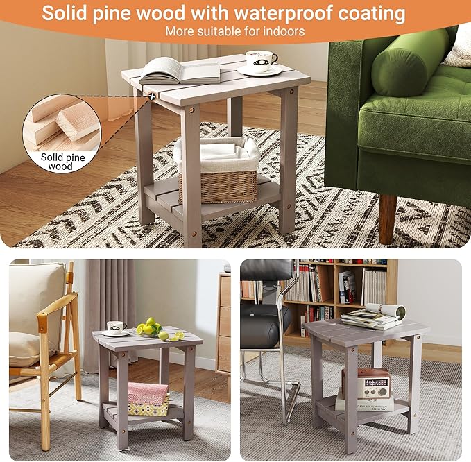 2-Tier Adirondack Side Table 17" with Double Shelf, Easy Assembly Solid Wood End Table,Outdoor & Indoor Small Table for Living Room,Patio, Poolside, Porch - Weather Resistant Concrete Grey
