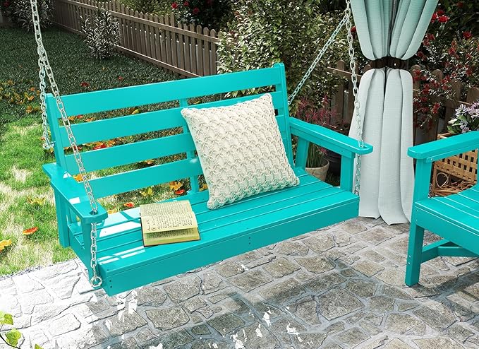 GREENVINES Porch Swing | 51’’ | HDPE Plastic | for Outdoor Patio | All Weather | Waterproof Bench Swings | w/ 4 Stainless Steel Chains | Aqua