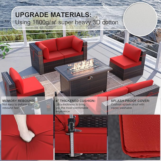 Kullavik 8 Pieces Outdoor Patio Furniture Set,Sectional Sofa Set with 43" 55000 BTU Gas Propane Fire Pit Table,Brown PE Rattan Wicker Patio Conversation Set,Red