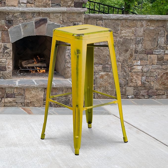 Flash Furniture Kai Commercial Grade 4 Pack 30" High Backless Distressed Yellow Metal Indoor-Outdoor Barstool