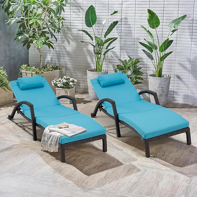 HOMREST Chaise Lounge Chairs Set of 6, PE Rattan Wicker Lounge Chair with Arm and Wheels for Poolside,Blue
