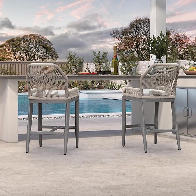 PURPLE LEAF Patio Bar Stool Counter Height Set of 4 Outdoor Rattan Chairs with Back Modern Aluminum Woven Barstools for Garden Indoor Kitchen Light Gray