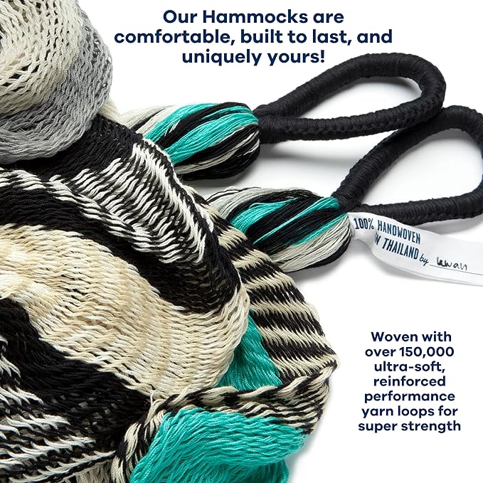 Handwoven Hammock by Yellow Leaf Hammocks - Family Size, Fits 2+ PPL, 550lb max - Weathersafe, Super Strong, Easy to Hang, Ultra Soft, Artisan Made - Color: Turquoise - Black -White