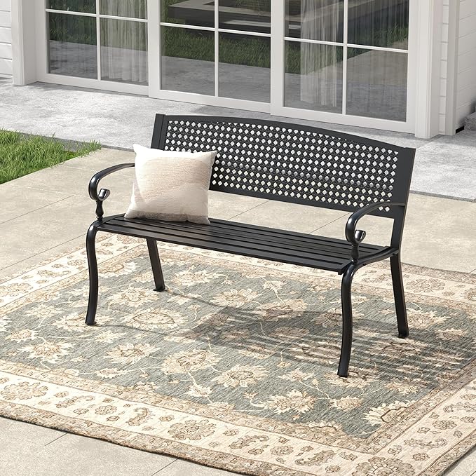 Outdoor Bench, 50.4" Patio Metal Frame Garden Bench with Backrest and Curved Armrests for Lawn Backyard, Black