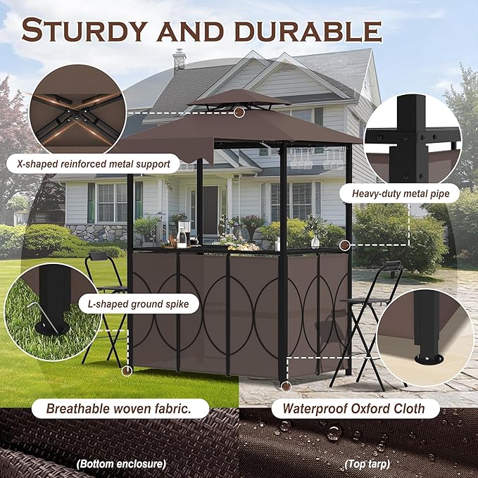 Grepatio 3 Piece Patio Bar Set with Canopy, Grill Gazebo with Bar Table and 2 Foldable Stools, Outdoor Bar Set with Storage Shelves, Extra Adjustable Shadow, Glass Holders for Garden Backyard
