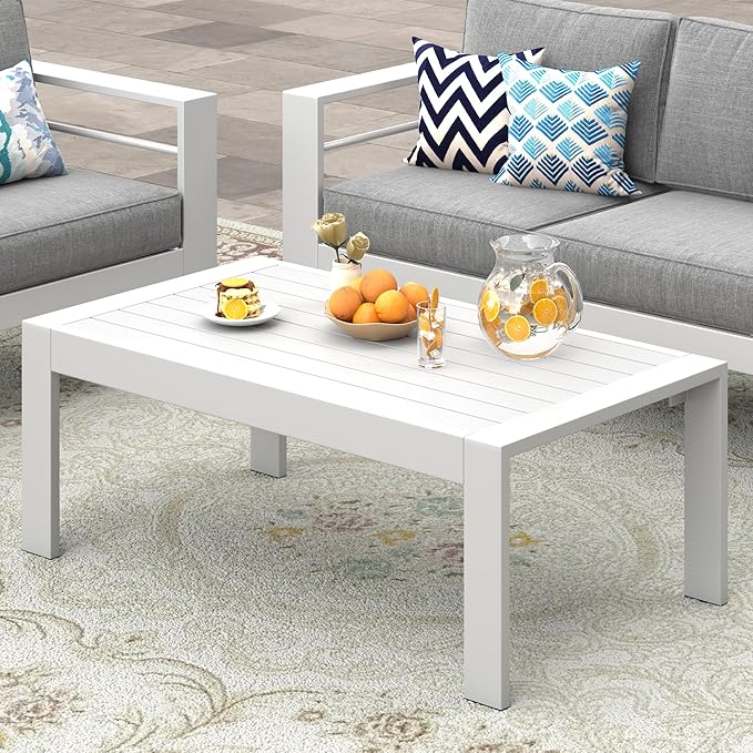 Wisteria Lane Aluminum Outdoor Furniture Patio Coffee Table, All-Weather Outdoor Metal Coffee Table, Modern Rectangle Coffee Table for Balcony, Garden, White