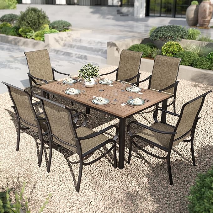 PHI VILLA Outdoor Dining Set for 6 Person, Wooden Texture Metal Table with Umbrella Holes and 6 High Back Fixed Chairs All Weather Patio Table and Chairs for Deck Garden Yard