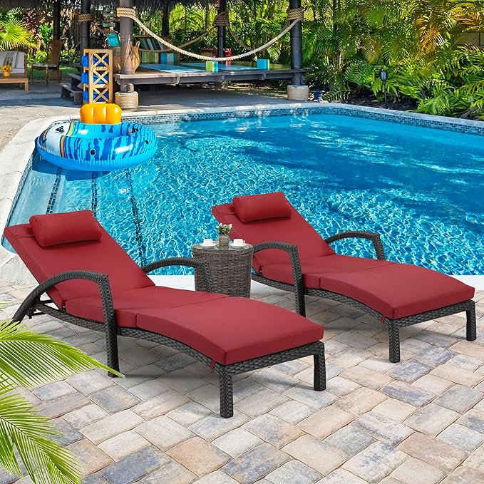 HOMREST Chaise Lounge Chairs Set of 2, PE Rattan Wicker Patio Lounge Chair with Adjustable 5 Position, Arm and Wheels for Poolside Backyard Deck Porch,Wine red