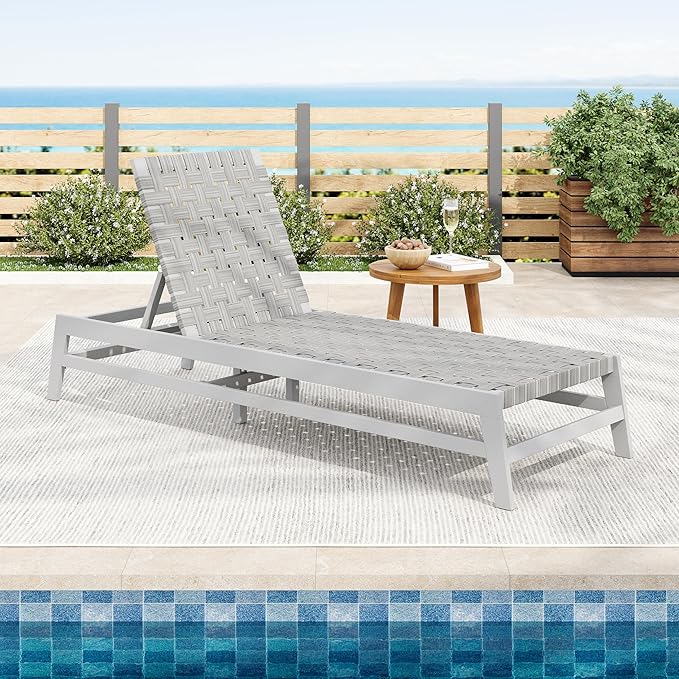 Christopher Knight Home Susua Rope Chaise Lounge with Acacia Wood Frame, Adjustable Backrest Single Lounge Sofa, Patio Sun Lounger Recliner Chair for Poolside Backyard, Gray + Light Gray