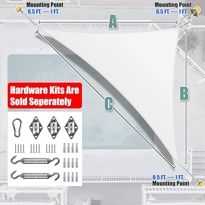 Amgo Custom Size 21' x 22' x 30.4' White Right Triangle Sun Shade Sail UPF50+ AGTAPRT12, Order to Make Canopy Awning, 95% UV Blockage, Water & Air Permeable, Commercial Standard (We Customize)